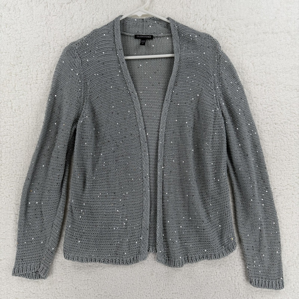 Eileen Fisher Cardigan Sweater Womens Petite Small Gray Sequin Open‎ Knit Top